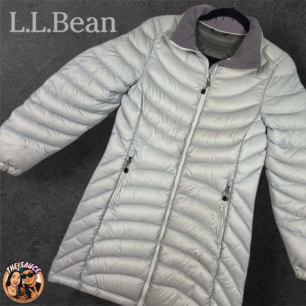 LLBean 850 Lightweight Down Puffer Jacket Coat Gray Hooded Long Parka Women XS